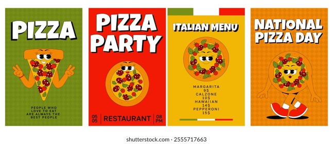 Vertical banners set with funky pizza character in retro groovy style. Pizza party, Italian menu, National pizza day. Vector illustration for bar, cafe, restaurant, delivery