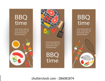 Vertical banners set with grill top view, barbecue and grilled food set, vector illustration
