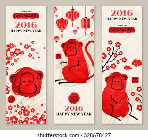 Vertical Banners Set with Hand Drawn Chinese New Year Ape. Vector Illustration. Hieroglyph stamp translation: monkey. Symbol of 2016.