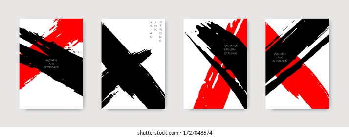 Vertical banners set in modern Asian style. Black rough brush strokes. Stamp for Calligraphy. Typographic template for text. Vector illustration.