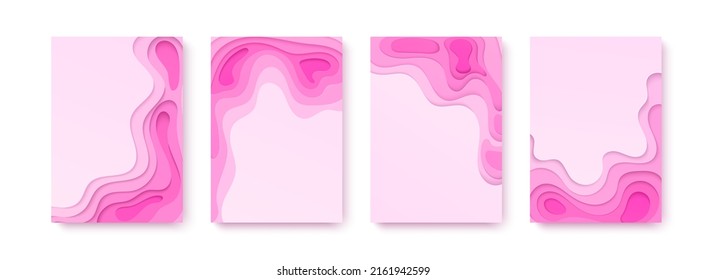 Vertical banners set of paper cut background in sweet pink color. Square artboard Abstract paper art shape. Vector design Wavy geometric liquid flow graphic.


