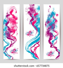 Vertical banners set. Vibrant Holi powder paint cloud elements on white background. Indian Festival of Colors. Typographic template for text. Perfect for invitations and greetings. Vector illustration