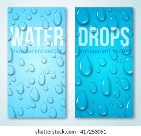 Vertical Banners Set with Water Drops. Vector illustration. Realistic Transparent Dew on Blue Background