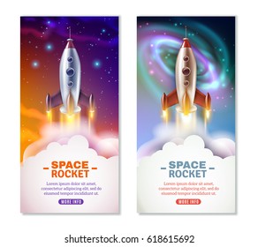 Vertical banners with space rocket launch on colorful background with planets and stars isolated vector illustration 