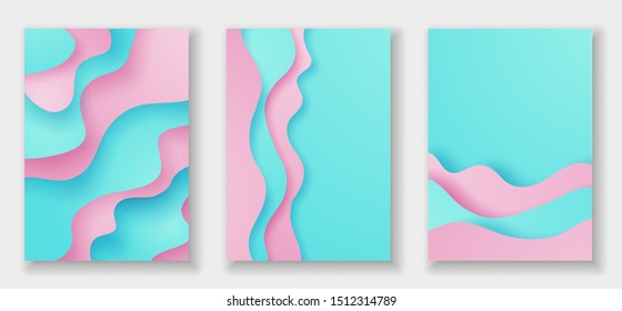 Vertical banners templates with 3D abstract background with paper cut cyan and pink waves. Trendy carving art style. Contrast colors.