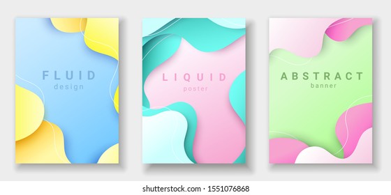 Modelos de banners verticais com fundo abstrato 3D com ondas ciano, amarelo e rosa cortadas em papel. Estilo de arte de escultura na moda. Cores contrastantes.