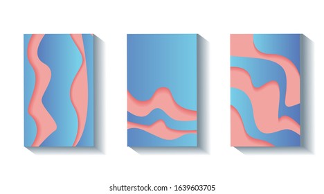 Vertical banners templates with 3D abstract background with paper cut cyan and pink waves. Trendy carving art style. Contrast colors
