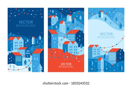 Vertical banners and wallpaper for social media stories. Urban landscape in a geometric minimal flat style. New year and Christmas winter city with holiday garlands. Templates with copy space for text