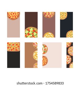 Vertical banners for website. Flyer for menu restaurant with different kinds of pizza and empty place. Flat vector design