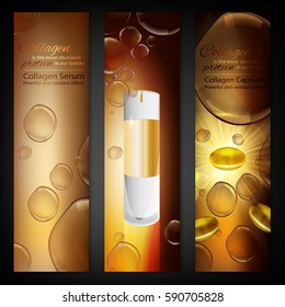 Vertical banners with white glass creme flacon, golden capsule and water bubbles. Vector illustration in realistic premium design style. Cosmetic, skin care or beauty concept in warm bronze colours.