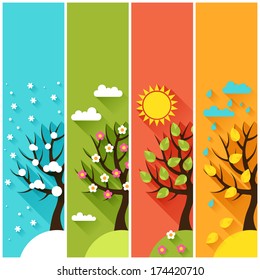 Vertical banners with winter, spring, summer, autumn trees.