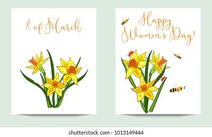 Vertical banners with yellow daffodils on white background.