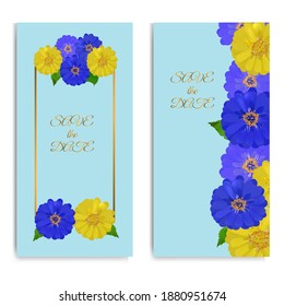 Vertical banners with zinnias, dahlias on a blue background. Design for invitation and greeting cards, natural cosmetics, feminine hygiene. Vector illustration.