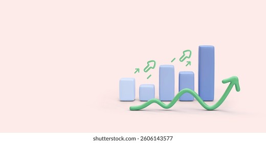 Vertical bar chart with up arrows in 3d realistic style isolated on light background. Vector illustration