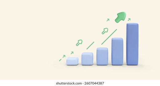 Vertical bar chart with up arrows in 3d realistic style isolated on light background. Vector illustration