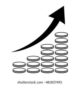 Vertical bar graph, diagram representing growth icon. Arrow graph going up over stacks of coins. Vector illustration