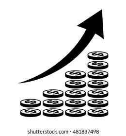 Vertical bar graph, diagram representing growth icon. Arrow graph going up over stacks of dollar coins. Vector illustration