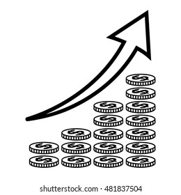 Vertical bar graph, diagram representing growth icon. Arrow graph going up over stacks of dollar coins. Vector illustration