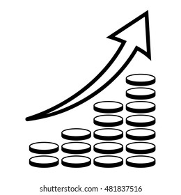 Vertical bar graph, diagram representing growth icon. Arrow graph going up over stacks of coins. Vector illustration