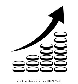 Vertical bar graph, diagram representing growth icon. Arrow graph going up over stacks of coins. Vector illustration