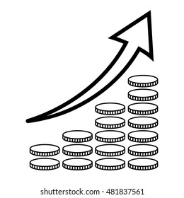 Vertical bar graph, diagram representing growth icon. Arrow graph going up over stacks of coins. Vector illustration