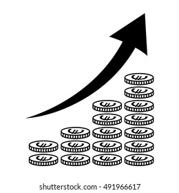 Vertical bar graph, diagram representing growth icon. Arrow graph going up over stacks of euro coins. Vector illustration