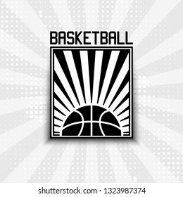 Vertical basketball emblem ball with sunny rays halftone background vector sport illustration