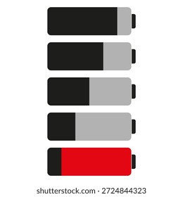 Vertical battery levels. Power energy Vector. Phone status symbols. Sophisticated clean white background illustrations. EPS 10.