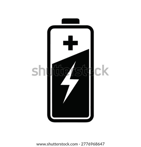 A vertical battery showing a half filled capacity level on a white background....