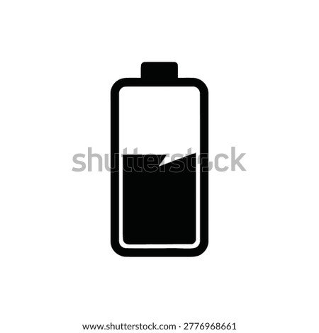A vertical battery showing a half filled capacity level on a white background....
