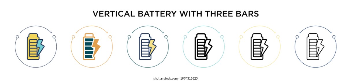 Vertical battery with three bars icon in filled, thin line, outline and stroke style. Vector illustration of two colored and black vertical battery with three bars vector icons designs can be used