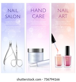 Vertical beauty banners of pedicure and manicure salon elements. Colorful realistic vector illustration 