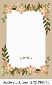 Fondo beige de Vertical con un marco de borde de flores de melocotón y naranja con hojas verdes y un Pequeño ícono de corazón de pájaro verde en la parte inferior