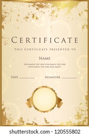 Vertical beige certificate of completion template with golden grunge border. Design usable for diploma, invitation,  gift voucher, coupon, official, ticket or different awards. Vector illustration