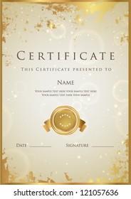 Vertical Beige Certificate Of Completion Template With Golden Grunge Border. Design Usable For Diploma, Invitation,  Gift Voucher, Coupon, Official, Ticket Or Different Awards. Vector Illustration