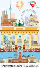 Ilustración vertical berlinesa de viaje con los principales monumentos arquitectónicos en estilo plano. La ciudad de Berlín es un lugar emblemático del turismo alemán y del vectores de viaje. Ilustración de las existencias