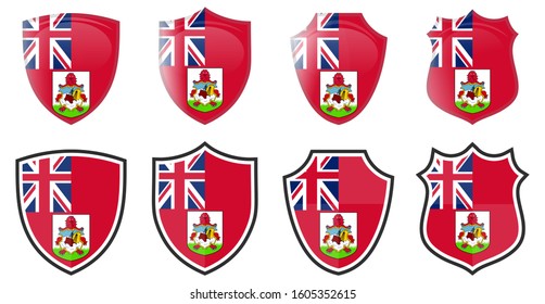 Vertical Bermuda flag in shield shape, four 3d and simple versions. Bermudian icon / sign