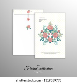 Vertical big envelope with buttons. Bouquet of french roses. Polka dots backdrop