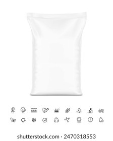 Vertical big heavy bag mockup for potting soil, chemical products with set icon. Front view. Vector illustration isolated on white background. Ready for use in presentation, promo, advertising. EPS10.