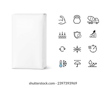 Vertical big heavy bag mockups for chemical products with set icons. High realistic vector illustration isolated on white background. Ready for use in presentation, promo, advertising and more. EPS10.