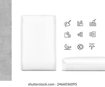 Vertical big heavy bag mockups for chemical products with set icons. High realistic vector illustration isolated on white background. Ready for use in presentation, promo, advertising and more. EPS10.