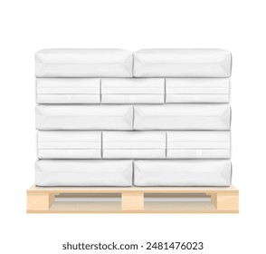 Vertical big heavy bag mockups for chemical products on wooden pallet. High realistic vector illustration isolated on white background. Ready for use in presentation, promo, advertising. EPS10.