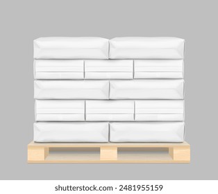 Vertical big heavy bag mockups for chemical products on wooden pallet. High realistic vector illustration isolated on grey background. Ready for use in presentation, promo, advertising. EPS10.