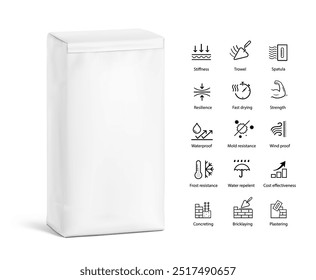 Vertical big heavy bag mockups for dry building mixes, chemical products with set icons. High realistic vector illustration isolated on white background. Ready for use in presentation. EPS10.