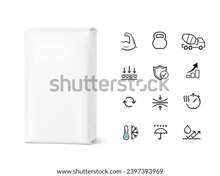 Vertical big heavy bag mockups for chemical products with set icons. High realistic vector illustration isolated on white background. Ready for use in presentation, promo, advertising and more. EPS10.