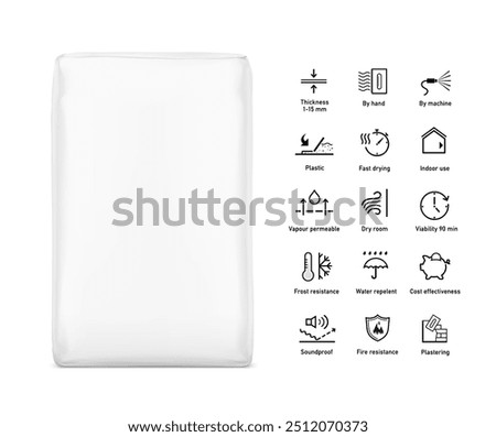 Vertical big heavy bag mockups for chemical products with set icons. High realistic vector illustration isolated on white background. Ready for use in presentation, promo, advertising and more. EPS10.