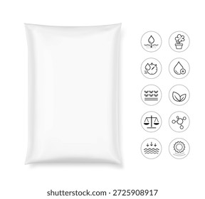 Vertical big heavy pillow bag mockup for potting soil with set icons for agriculture, gardening. Hight realistic vector illustration isolated on white background. Can be use for template your design, promo, adv. EPS10.