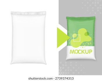 Vertical big heavy pillow bag mockup for potting soil for agriculture, gardening. Hight realistic vector illustration isolated on white and grey background. Can be use for template your design, promo, adv. EPS10.
