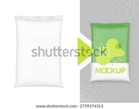Vertical big heavy pillow bag mockup for potting soil for agriculture, gardening. Hight realistic vector illustration isolated on white and grey background. Can be use for template your design, promo, adv. EPS10.
