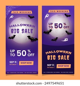 Vertical big sale banner template for halloween trick or treat with pumpkin and bat design elements. eps 10
